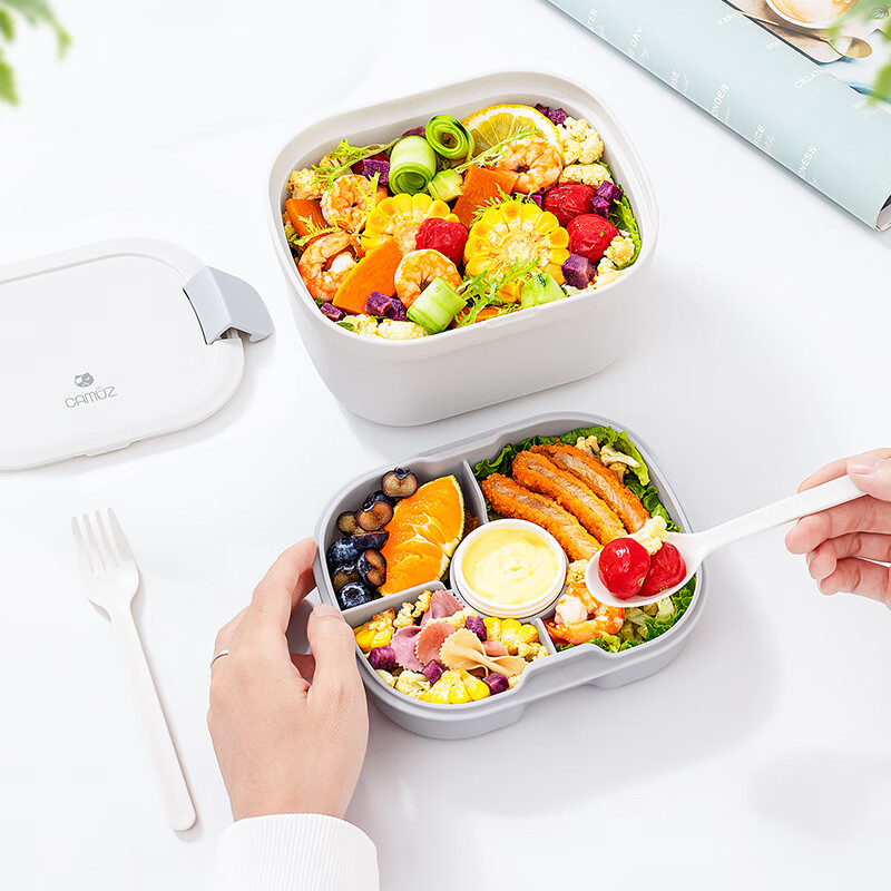 CAMUZ Divided Salad Box, Double-Layer Lunch Box, Bento Box, Light Meal Container, Microwave-Safe, Suitable for Office Workers, Large Capacity - White