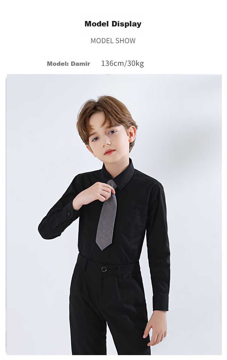 Yinuofang Children's White Long-Sleeve Shirt with Pocket, Boys' Shirt: Black Long Sleeve, 140CM 3