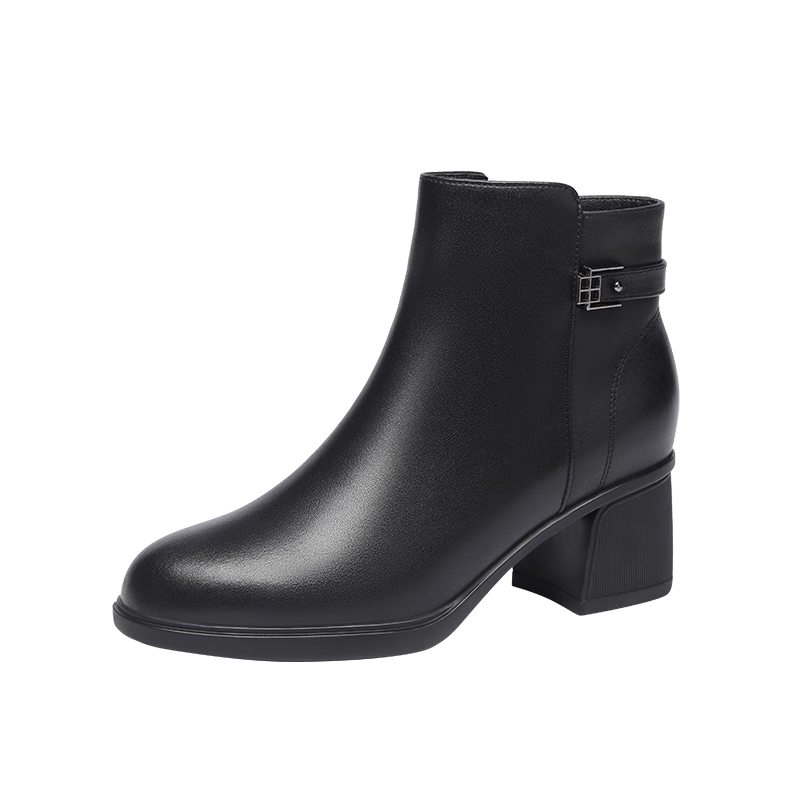 Red Dragonfly Women's Soft Leather Mid-Heel Fleece-Lined Boots, Mid-Aged Thick Heel Leather Boots WFC440981 Black Size 37