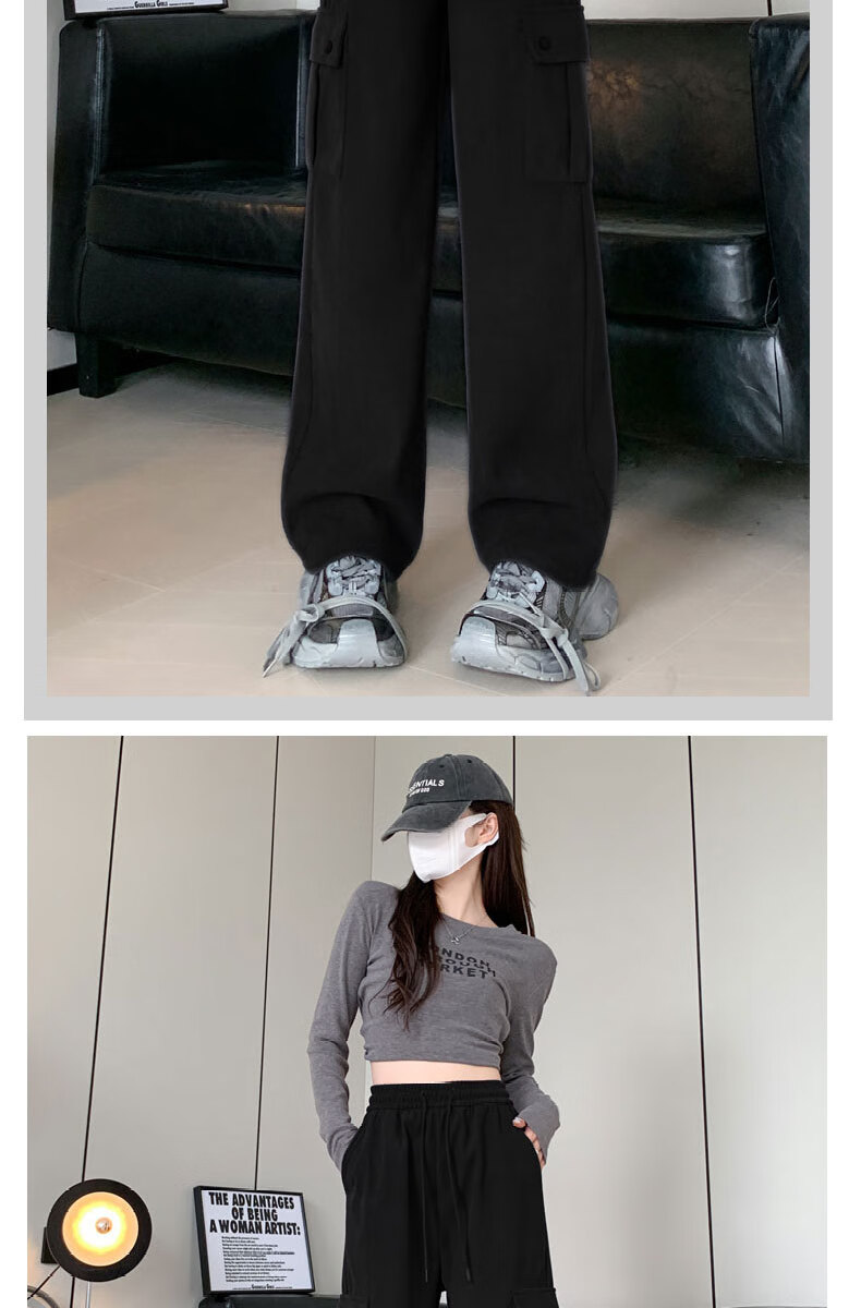 Langsha Women's Wide-Leg Casual Cargo Pants Spring High-Waist Loose Slimming Pear-Shaped American Style Sports Casual Straight Sweatpants 6
