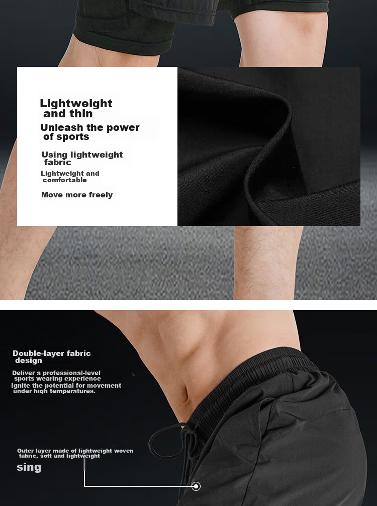 Fandimu Men's Sports Shorts, Marathon Running Black Double-Layered Inner Lining Fitness Hiking Quick-Dry Breathable Knee-Length Shorts 6