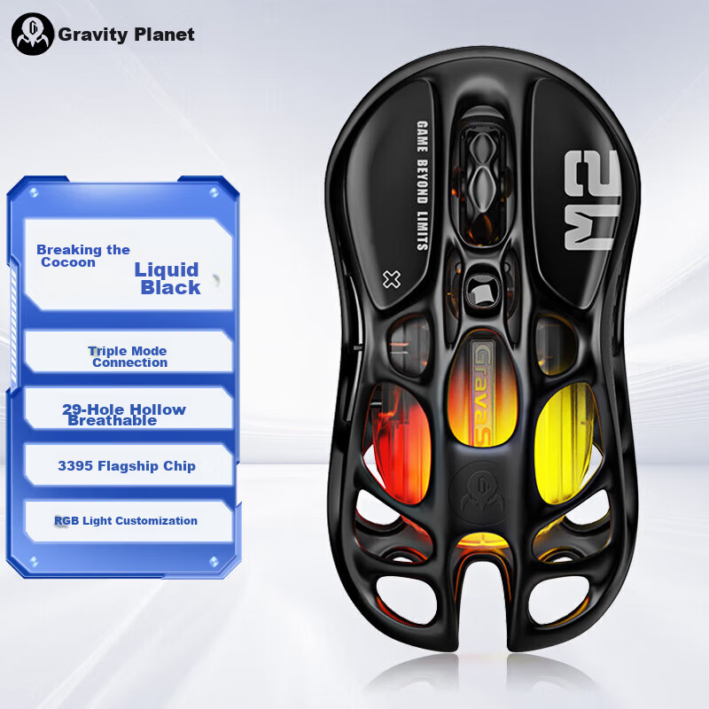 GravaStar Chrysalis Wireless/Wired Bluetooth Gaming Mouse for Home And Office, Lightweight Hollow-Out 3395 Long Battery Life Rechargeable RGB Lighting Liquid Black