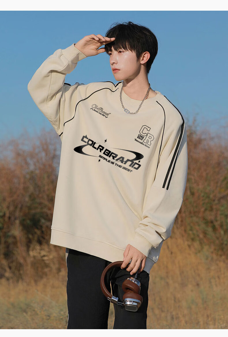CLOR American-Style Striped Patchwork Sweatshirt for Men, Spring And Summer Style, Trendy Casual Loose Long-Sleeve T-Shirt WYC10 White M 8