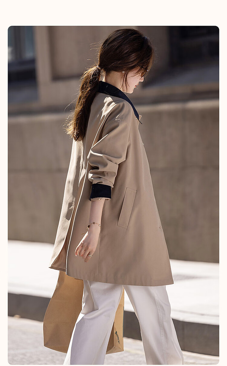 Dme [Gentle Core] Spring And Autumn Simple Contrasting Color Lapel High-Count High-Density A-Line Tuck Windbreaker Jacket for Women, Mid-Length Style 2