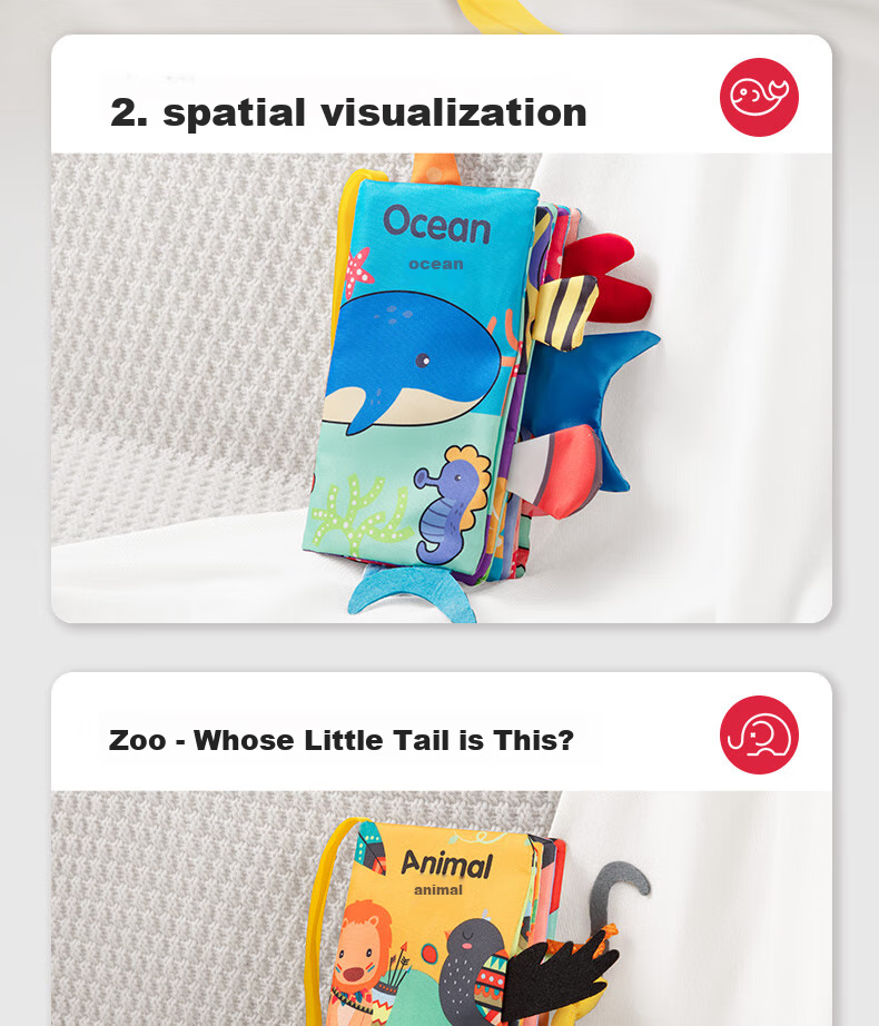 Beiboshi Babybox Early Education Infant Toy for 0-6 Months, Baby-Safe Chewable And Washable Animal Tail Cloth Book 7
