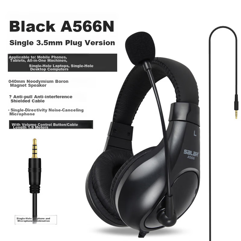 SaLaR A566N Headphones for English Listening And Speaking Exams, Online Classes, High School Entrance Exam, Human-Machine Dialogue with Microphone, 3.5MM Plug for Laptops, Black Single Plug