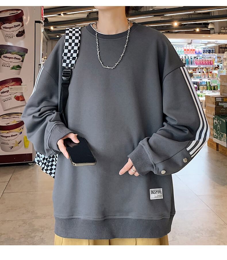 Foss Phil Men's Sweatshirt, Spring And Autumn Casual Loose Long-Sleeve T-Shirt, Striped Round Neck Top, 8801 Black M 15