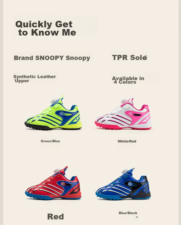 SNOOPY Children's Sports Shoes, Boys And Girls Wear-Resistant Soccer Shoes, Fashionable Cleats Training Shoes, 7899 Red, Size 37 2
