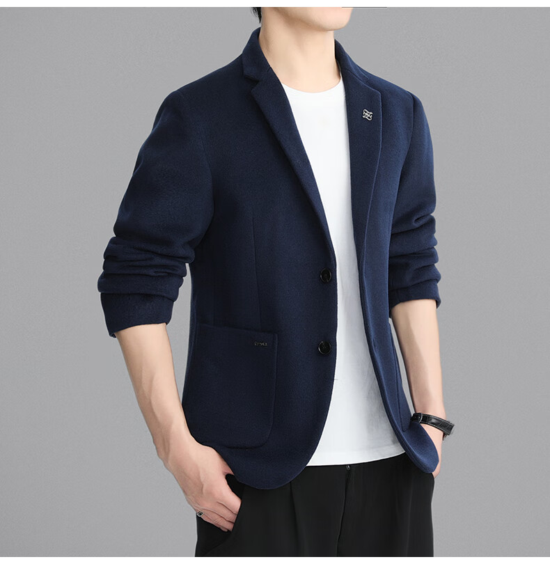 ROMON Men's Wool Blend Blazer Spring Autumn Business Casual Single Suit Coat Warm Jacket XF87 Dark Blue L 9