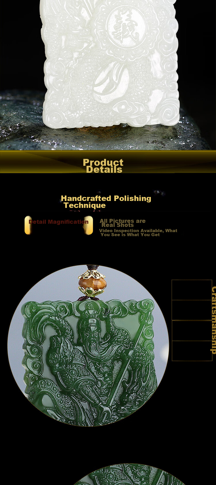 Guibao Hetian Jade Guan Gong Pendant, Men's Jade Pendant, Wealth God Jade Stone Ornament, with Black Spots, Green Jade Style 2