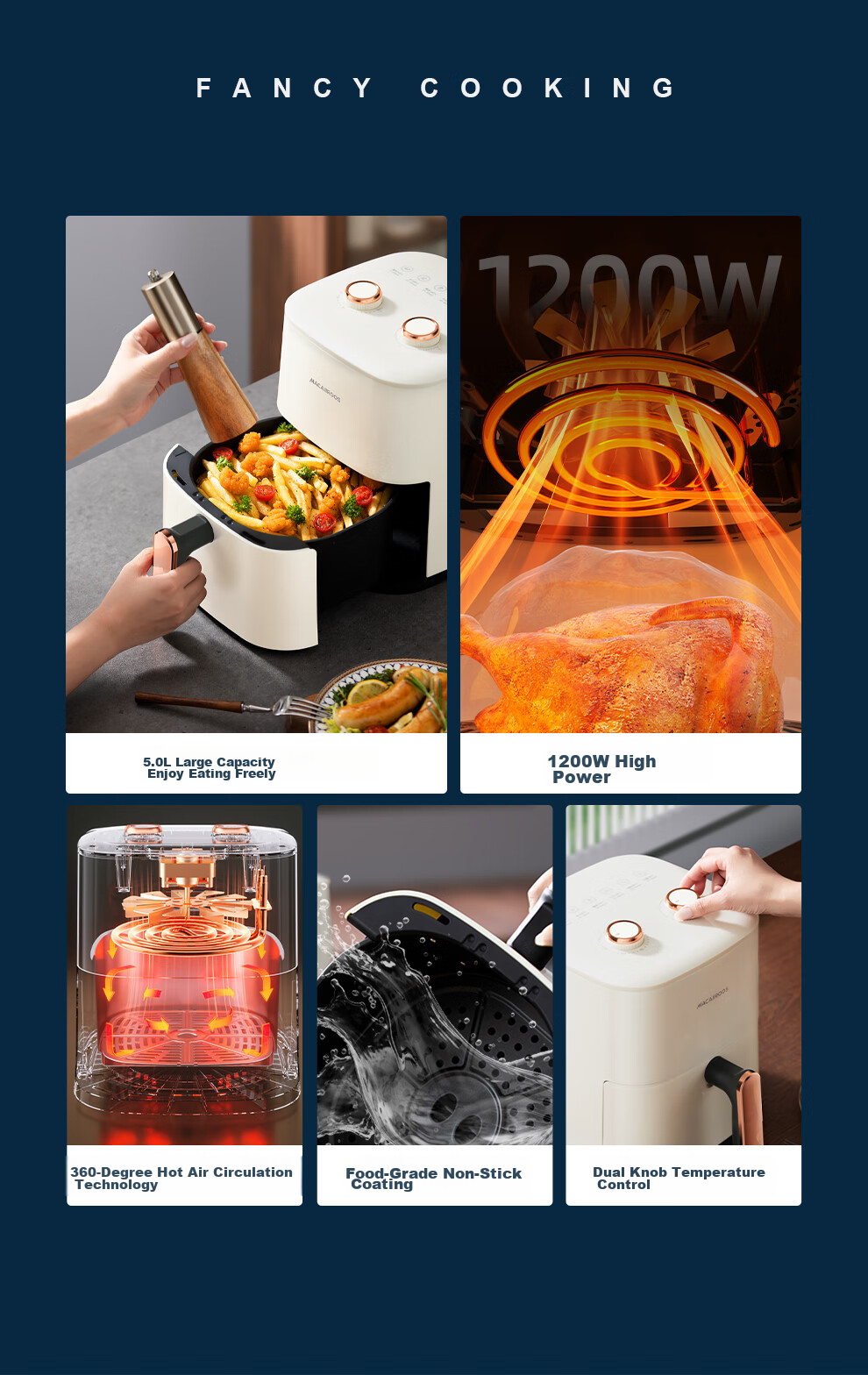 Macaiiroos Air Fryer 6L Large Capacity Home Use Steam Fryer with Visible Window Touchscreen Smart Timer Multifunction Oil-Free Low-Fat High-Power Non-Stick Fryer 2