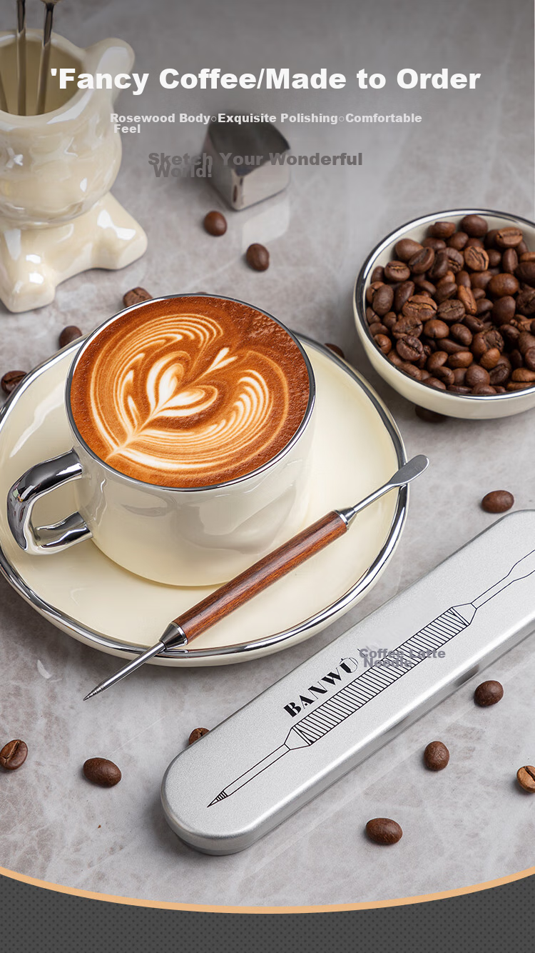 Banwushenghuo Coffee Latte Art Needle, Carving Needle, Latte Art Pen with Wooden Handle, Coffee Latte Art Tool, Flower Needle, Decorative Flowering Rod, Flowering Needle 1