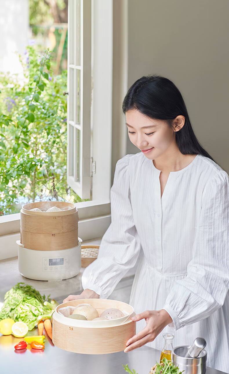 Olayks Steamer Bamboo And Wood Steaming Pot Electric Steamer Multi-Functional Breakfast Machine for Home Use Quick Heating No-Drip Timer Adjustable Temperature Upgrade Version 2-Layer 2