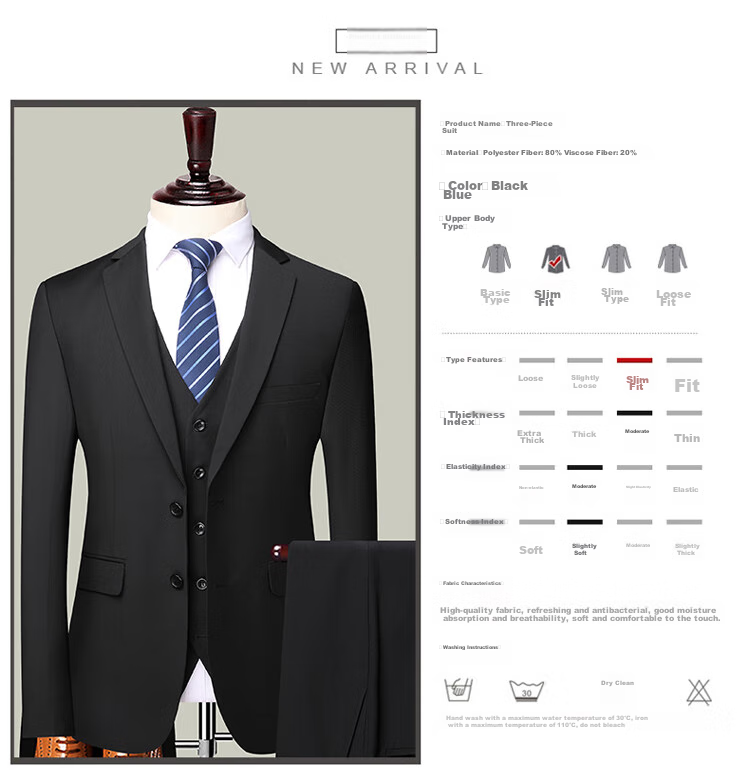 ROMON Men's Suit Set, Three-Piece Business Slim-Fit Formal Wear, Groom Attire, Professional Suit, Navy Blue, 3XL 4