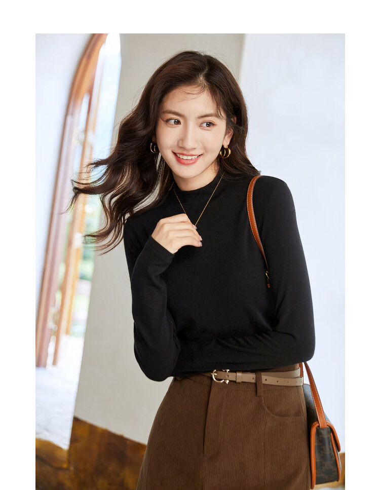 NOME Semi-Turtleneck Fleece Base Layer Women's New Warm Underwear, Fleece-Lined Thermal Top for Autumn And Winter, Black, M 3