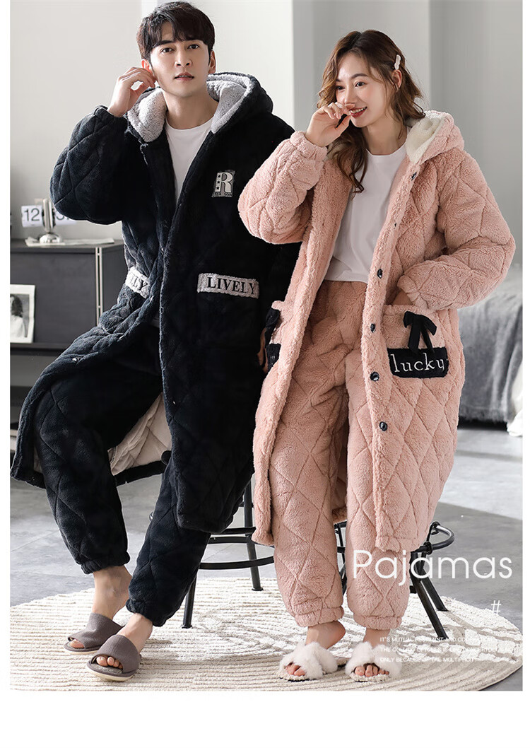 LangSha Couple's Winter Three-Layer Padded Sleepwear, Men's Thickened Coral Fleece Warm Loungewear, Plus Size Home Wear 6