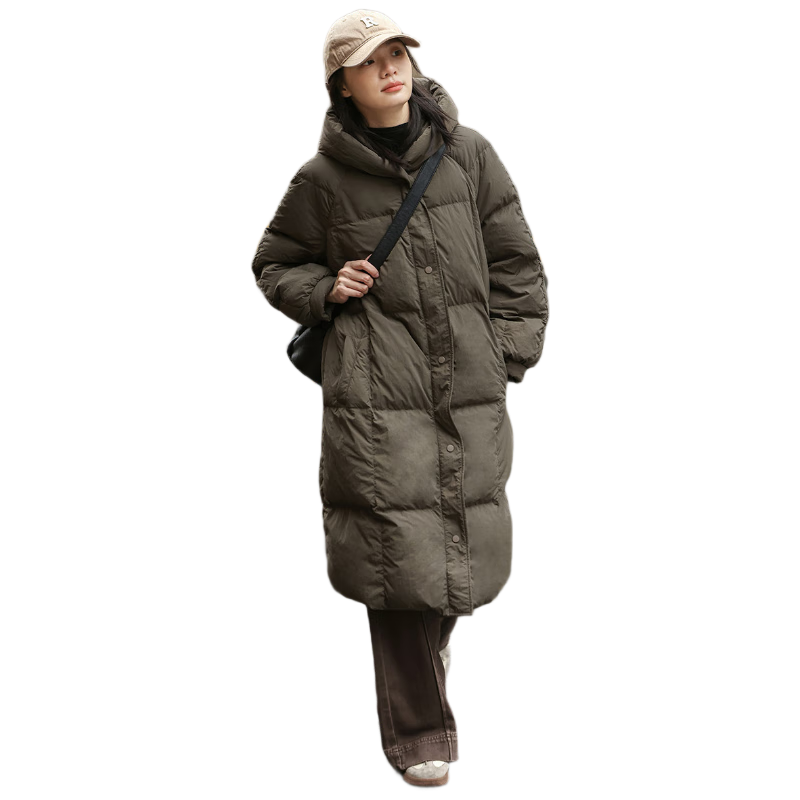 Dme [Retro Long Hooded down Jacket], Winter Style with Side Pockets And Waist Belt, Long Women's down Coat, Coffee Color, Size L