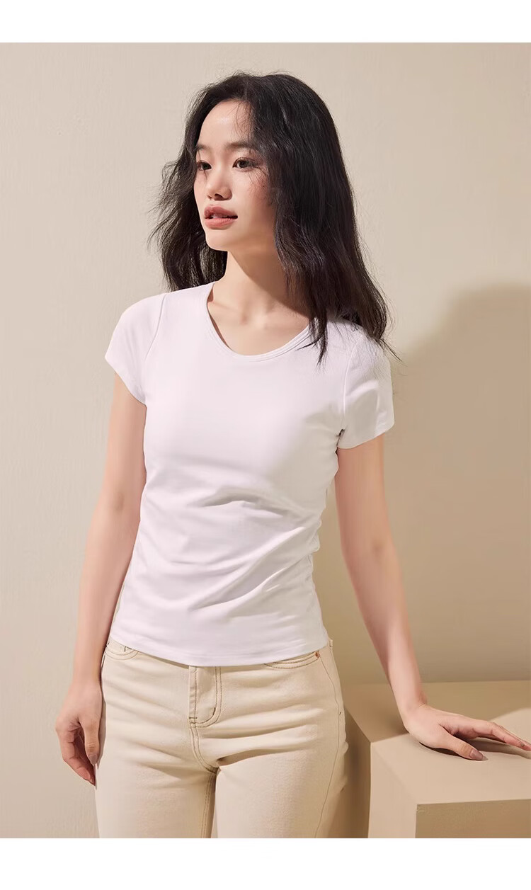 LangSha Women's T-Shirt, Spring And Summer Thin Style, Slimming Round Neck, Solid Color Cotton Base Layer, Versatile Breathable Women's Casual Short Sleeve 15