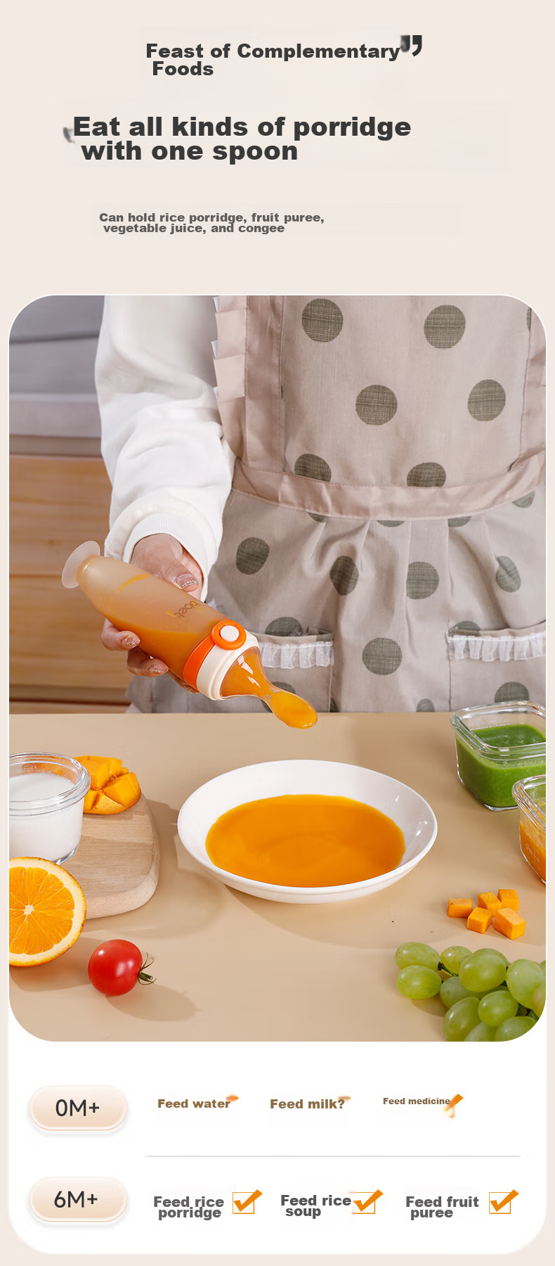 Barbie Elephant Baby Rice Paste Spoon And Bottle, Silicone Large Capacity Squeeze Feeding Tool for Complementary Food, Newborn Gift Box, Orange 7