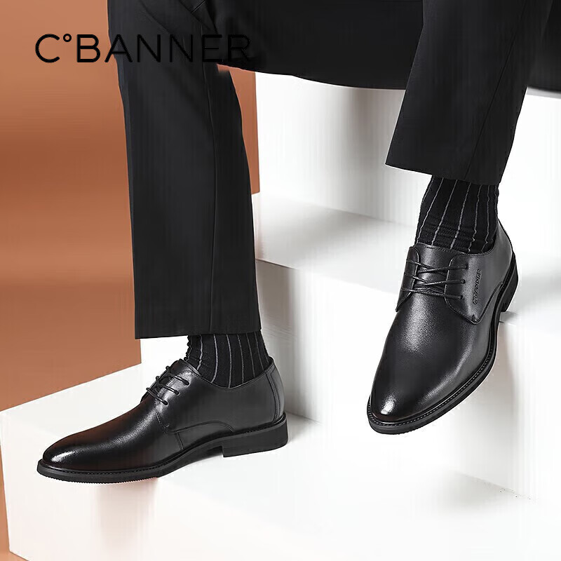 C.BANNER [Top-Grain Leather] Classic Business Men's Shoes, Casual Leather Shoes, Formal Derby Shoes, Suit Wedding Shoes, Black, Size 38