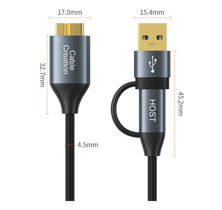 CABLE CREATION, Type-C to Micro USB 3.0 High-Speed Transfer Two-In Portable Hard Drive Data Cable, Compatible with Seagate, Toshiba, Western Digital, Samsung Hard Drives, Extension Cable, 0.6 Meters 13