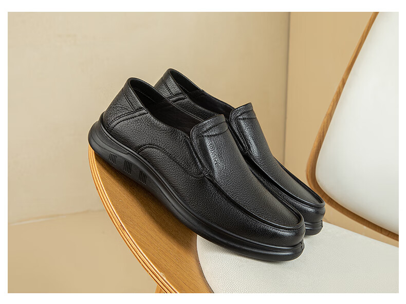 Aokang Men's Shoes, Sheepskin Men's Business Casual Round Toe Slip-On Breathable Soft-Soled Leather Shoes, Black, Size 42 11