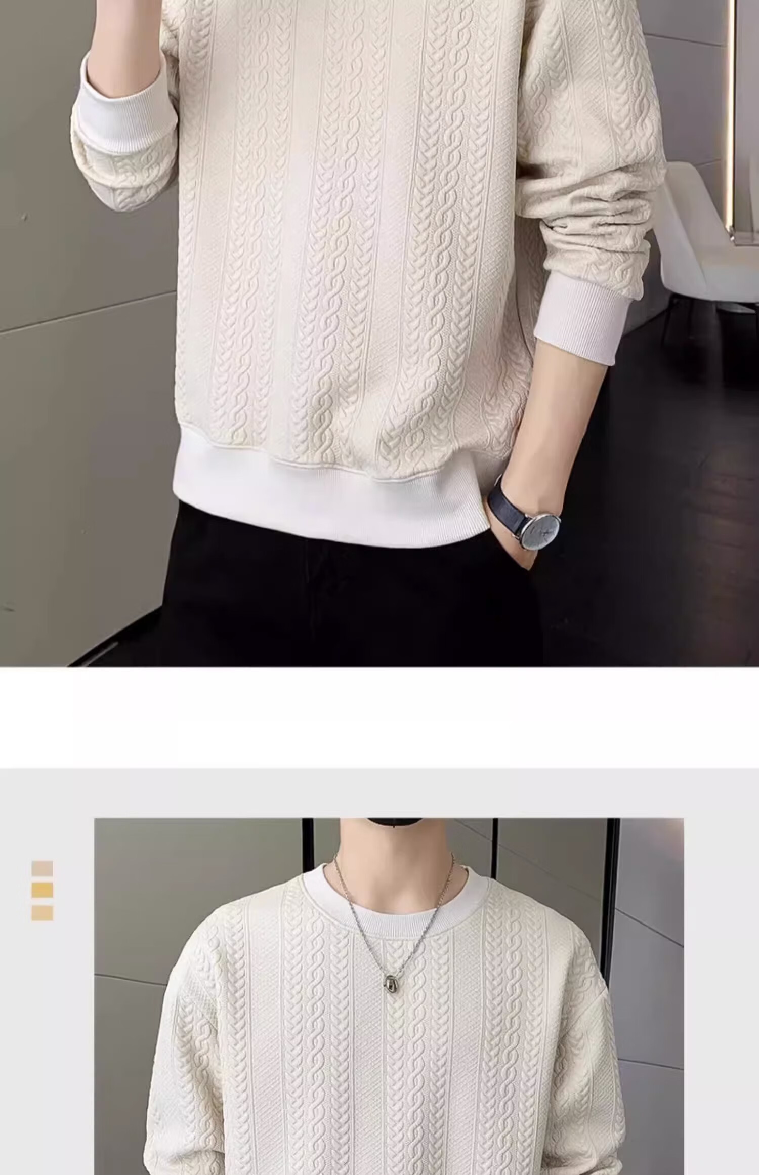 Dingfengbaoluo Men's Long-Sleeve T-Shirt, Spring Versatile Fashion Jacquard Sweatshirt, Loose Trendy Top, JE2221 White XL 9