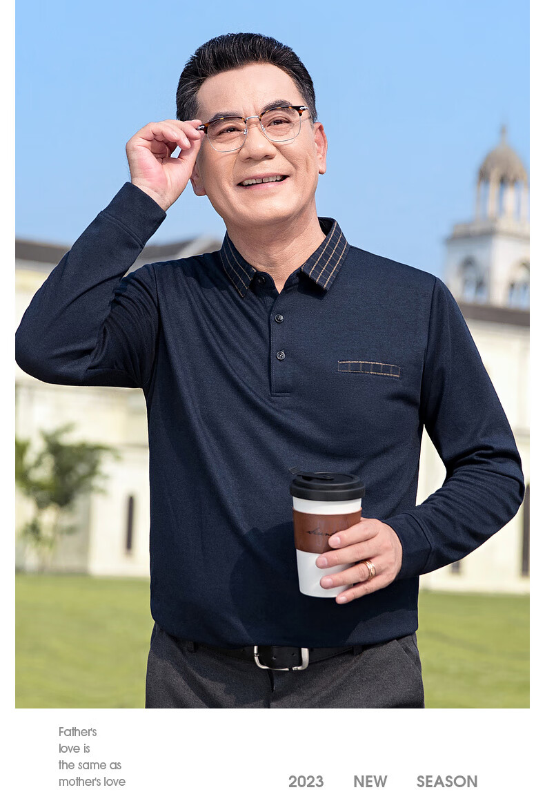 Baocaiyang Middle-Aged And Elderly Long-Sleeve T-Shirt for Men, Spring And Autumn Dad's Wear, Loose Casual Polo Undershirt, Elderly Grandfather's Top Clothing 14