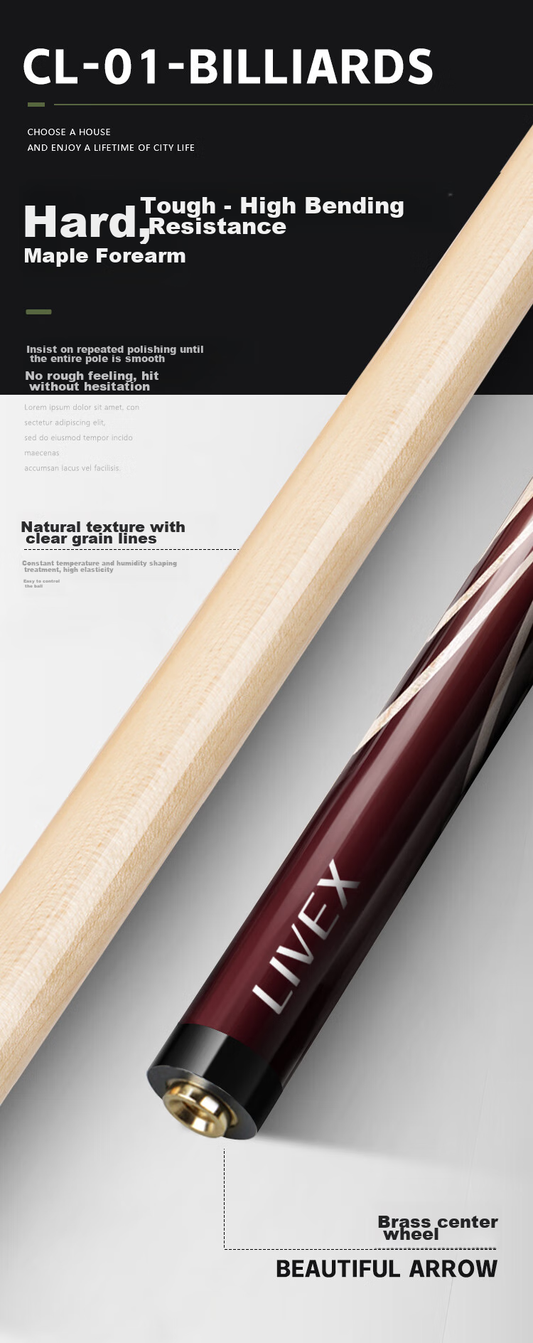 LIVEX Charlie Pool Cue, Large Tip Cue, Chinese 8-Ball Two-Piece Billiard Cue, American 16-Ball Pool Cue, with Cue Tube 7
