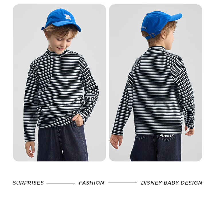 DISNEY Children's Clothing, Boys And Girls Half-Turtleneck Striped Long-Sleeve Top Undershirt, Spring 2025 DB442DE04 Black 120 17