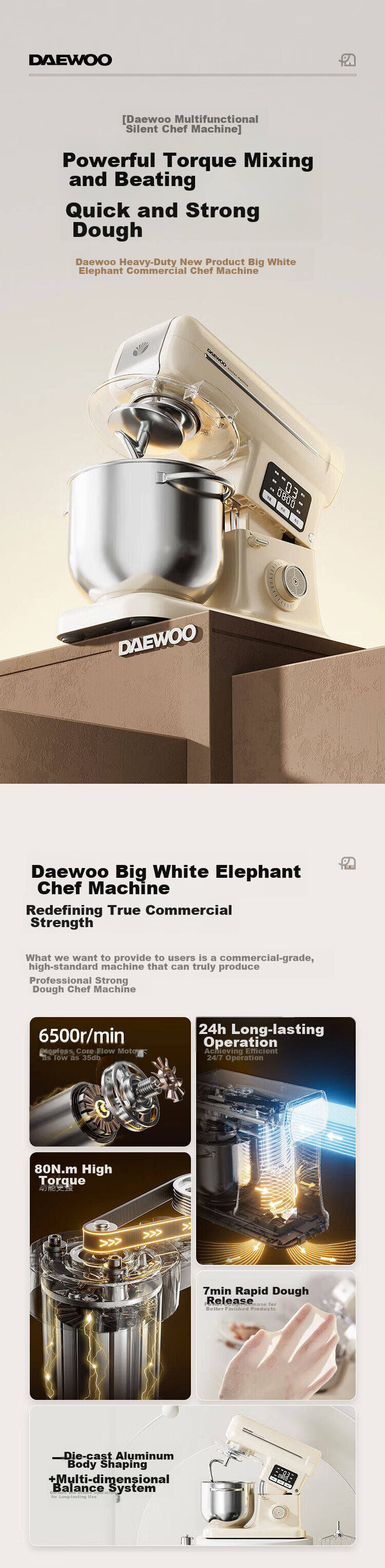 DAEWOO Household Large White Elephant Chef Machine And Dough Mixer CSJ06, Commercial Large Capacity Quiet Kneading And Noodle Making All-In Machine, Fully Automatic Multifunctional Electric Egg Beater Food Processor, 7L 5