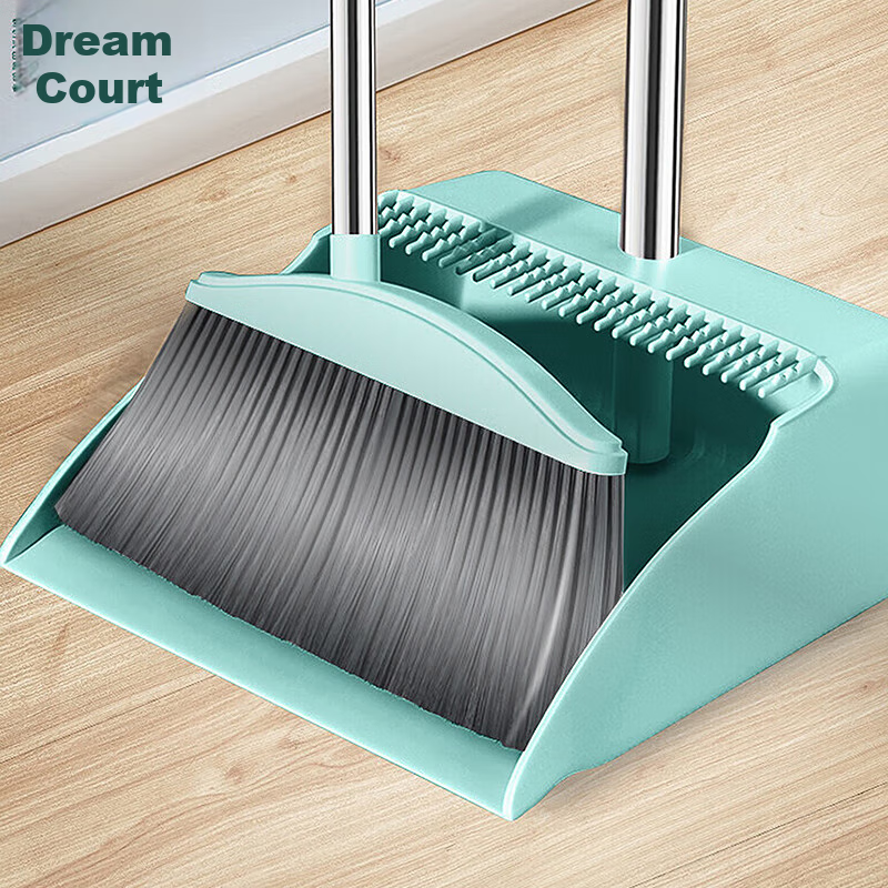 MENGTING Comb-Toothed Windproof Broom And Dustpan Set, Stainless Steel Handle Broom And Dustpan Combo Two-Piece Set, Gree