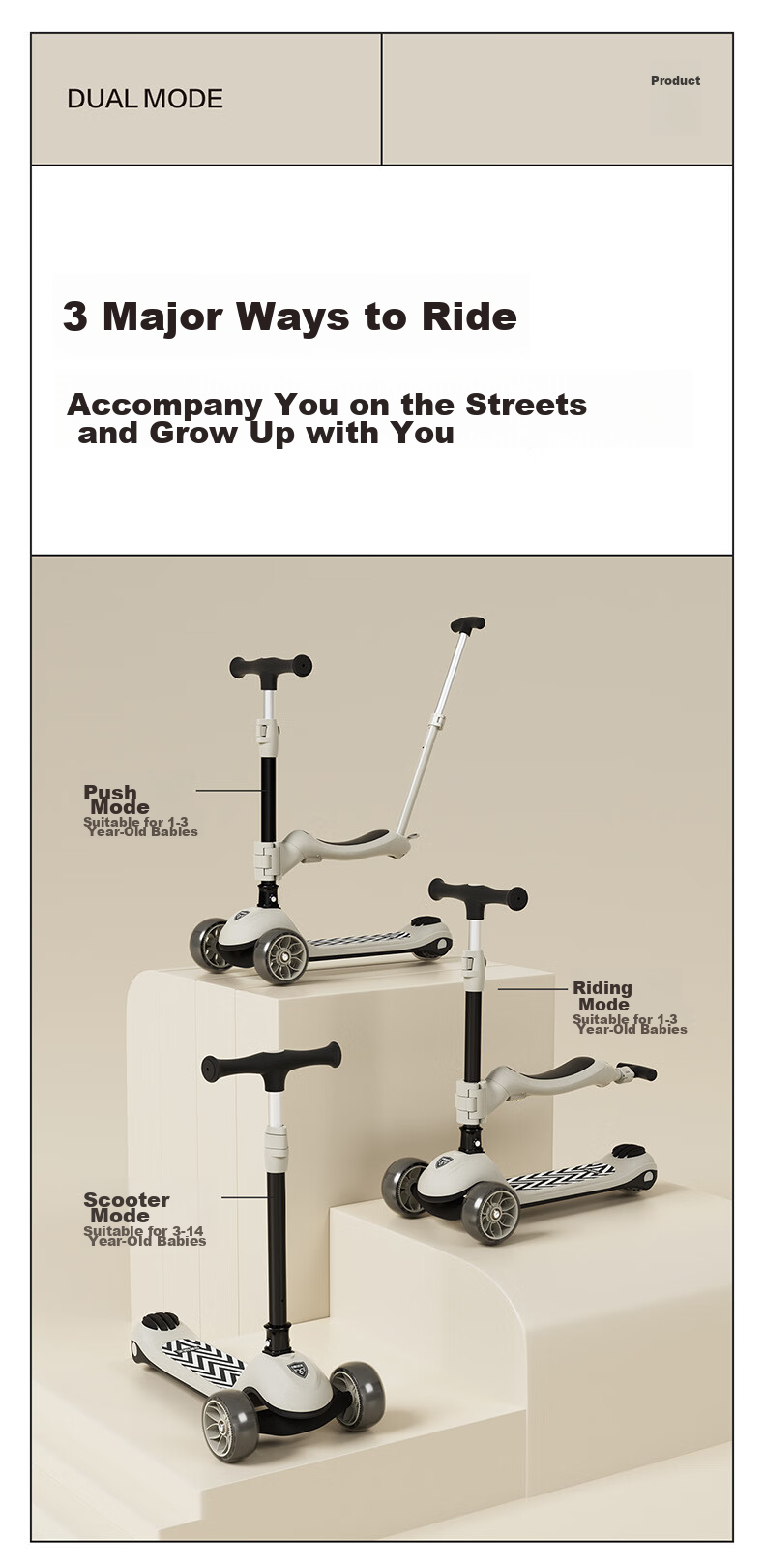 BEIESTATE Premium 3-In Scooter for Ages 1-3 Children's Detachable Foldable Birthday Gift, Cambridge Gree 4