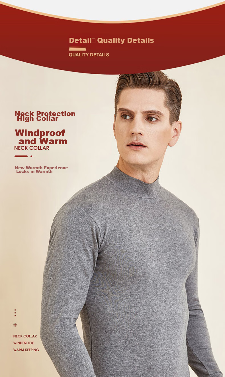 LangSha Men's Autumn Underwear Set, 100% Pure Cotton, Medium to High Collar, Antibacterial Base Layer, All-Cotton Sweater, Men's Thermal Underwear 8