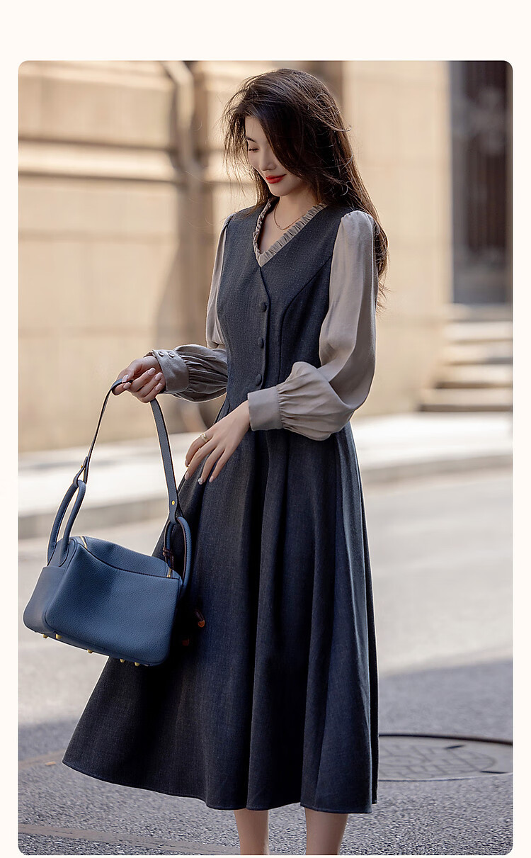 Dme [Ambiance Expert] Spring And Autumn Vintage Faux Two-Piece Ruffle V-Neck Puff Sleeve Waist-Cinching Pleated Women's Dress 2