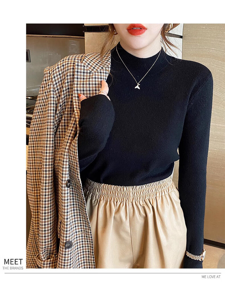 XUEXIMAN Semi-Turtleneck Base Layer for Women, Autumn And Winter Solid Color High-End Base Shirt, Versatile Slimming Knitted Sweater Suitable for Outer Wear 26