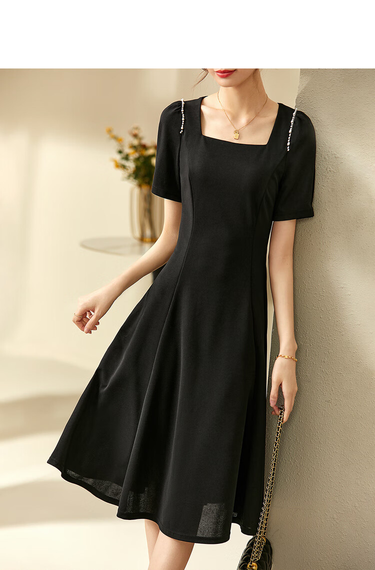 Sentubila Short-Sleeve Dress for Women, Summer Fashion Commuter Mid-Length A-Line Dress with Beaded Waist, Slimming Effect, Black, M 8