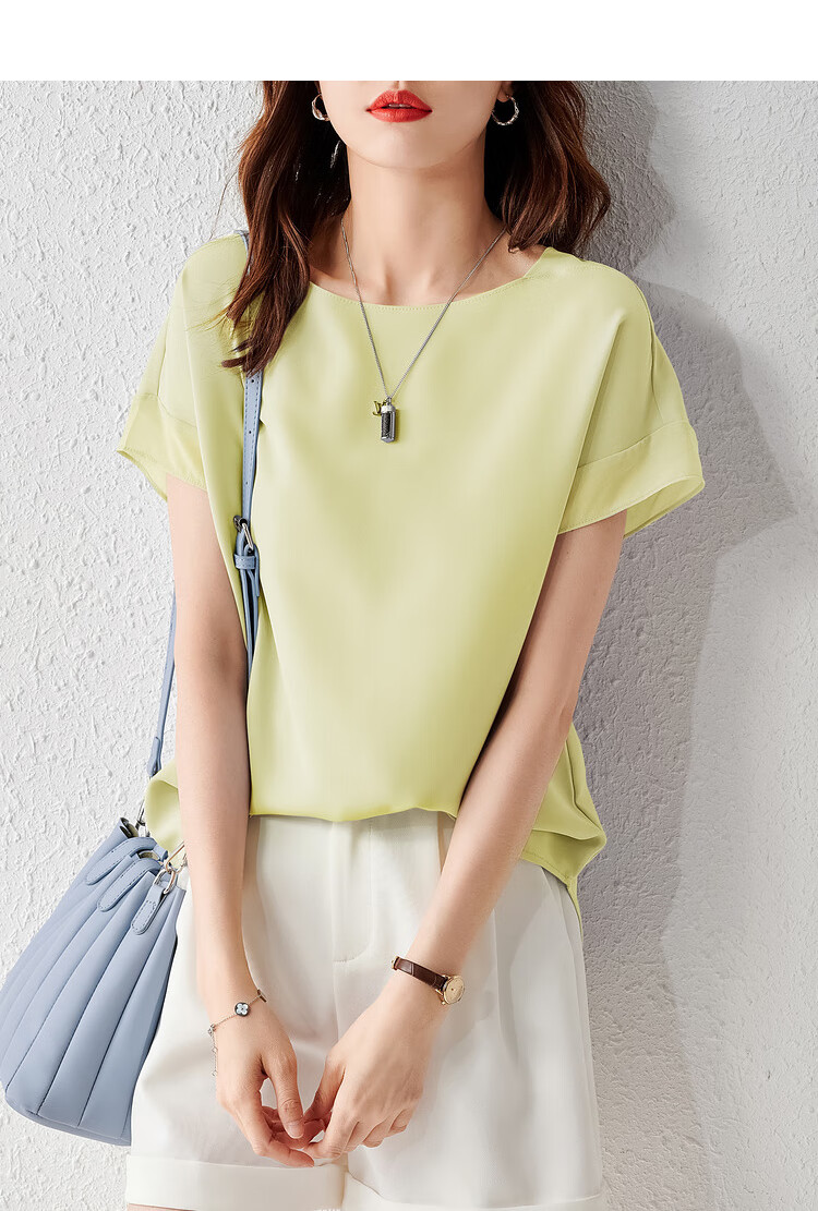Sentubila Spliced Short-Sleeve Chiffon Blouse for Women, Slimming Tummy-Covering Top, Summer Lightweight Casual T-Shirt, Light Blue, S 32