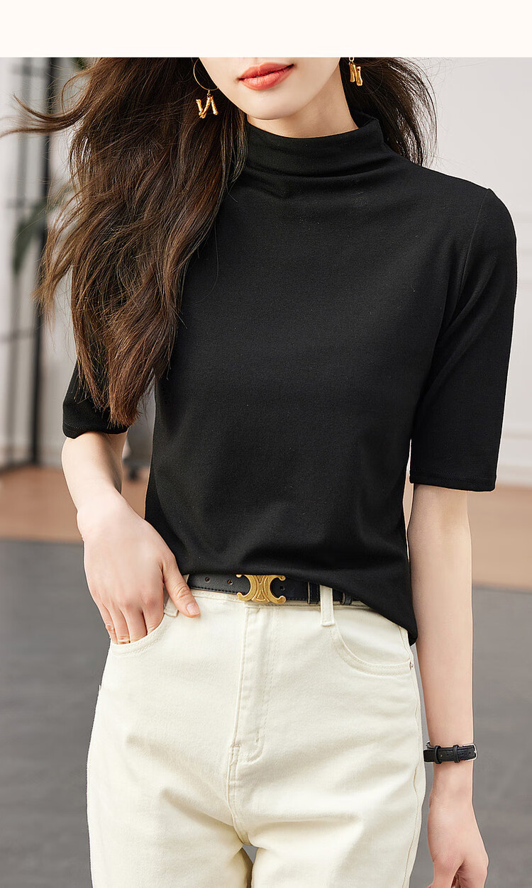 Dme [High-Elastic Simple Mid-Sleeve Base Shirt], Autumn Stand-Up Collar Slim-Fit Women's T-Shirt 26