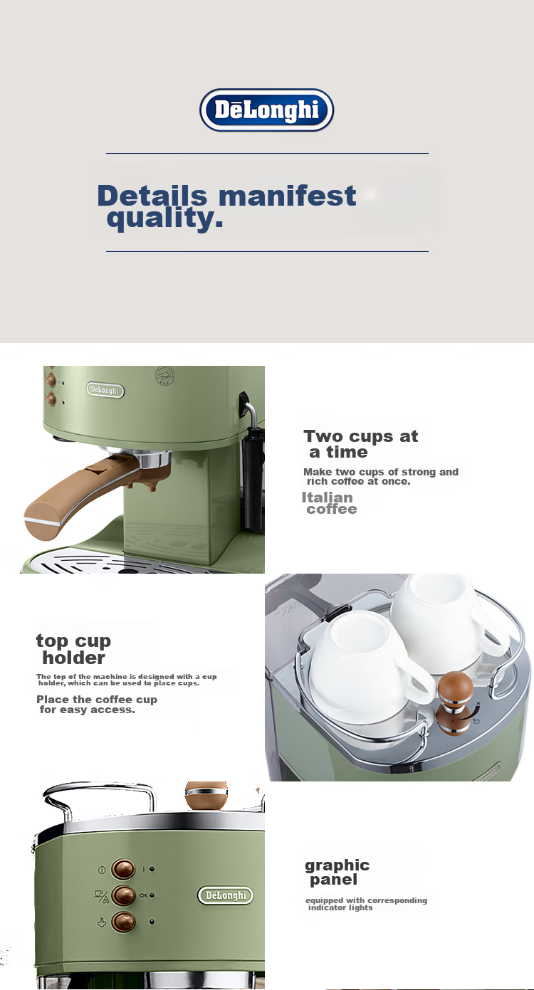 Delonghi Coffee Machine, Retro Semi-Automatic Coffee Maker, Compact Home-Use Stylish Americano And Italian Espresso 15Bar Pump Pressure, Manual Milk Frother ECO310.VGR Olive Green Gift 15
