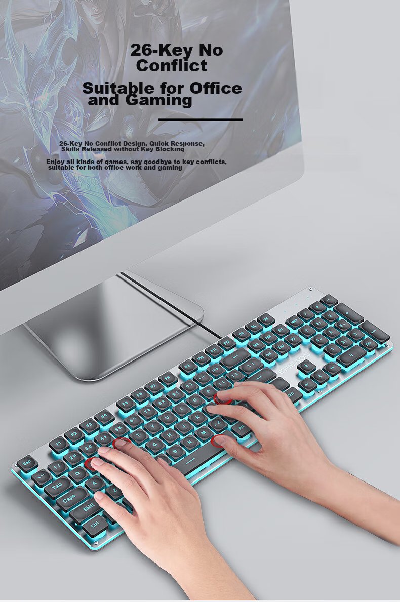 EWEADN GX710S Mechanical-Feel Wired Keyboard, Wireless Office Desktop Computer Laptop 104-Key Mouse Set, Low-Profile Membrane Gaming E-Sports Mouse Peripherals 12