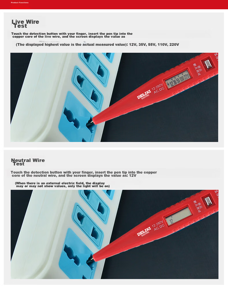 DELIXI ELECTRIC Digital Display Voltage Tester, Multifunctional Induction Electrician Voltage Tester with Wire Inspection And Lighting Function, 12-250V 7