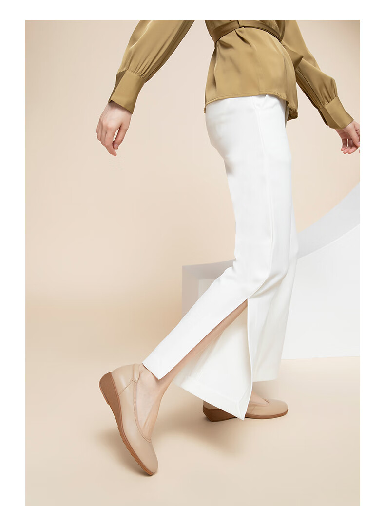 COMELY Leather Flats for Women, Spring And Summer New Style Comfortable Genuine Leather Soft-Soled Versatile Mom Shoes, Wedge Heel Non-Tiring, Apricot Color, Size 34 9