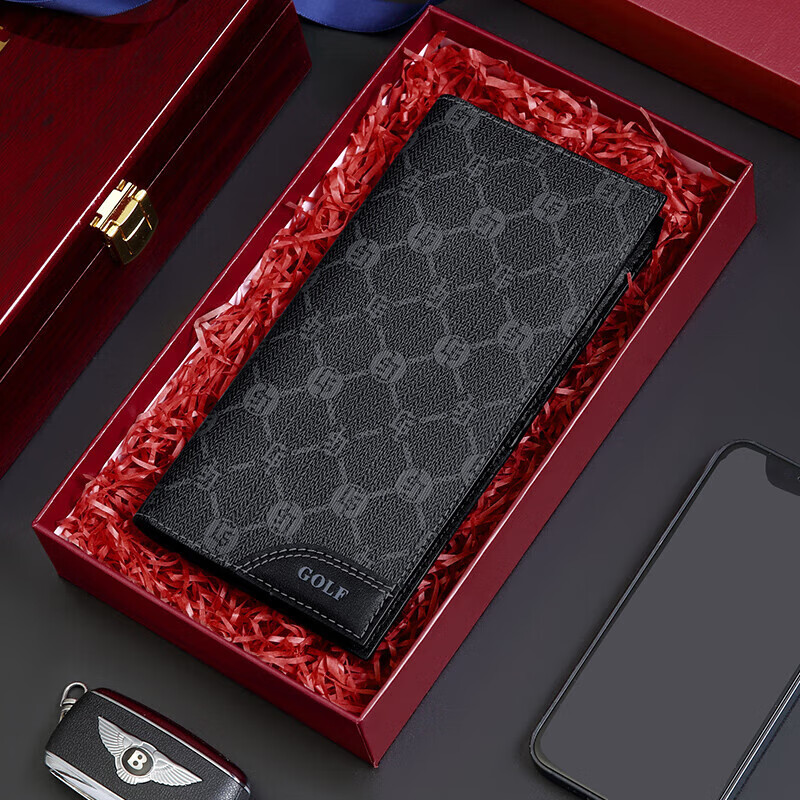 GOLF Men's Wallet, Multi-Card Slots, Long Wallet, Vintage Printed Design, 11 Card Slots, Casual Large Capacity Leather Wallet, Horizontal Style Billfold, Business Money Clip, 5V768385J, Black