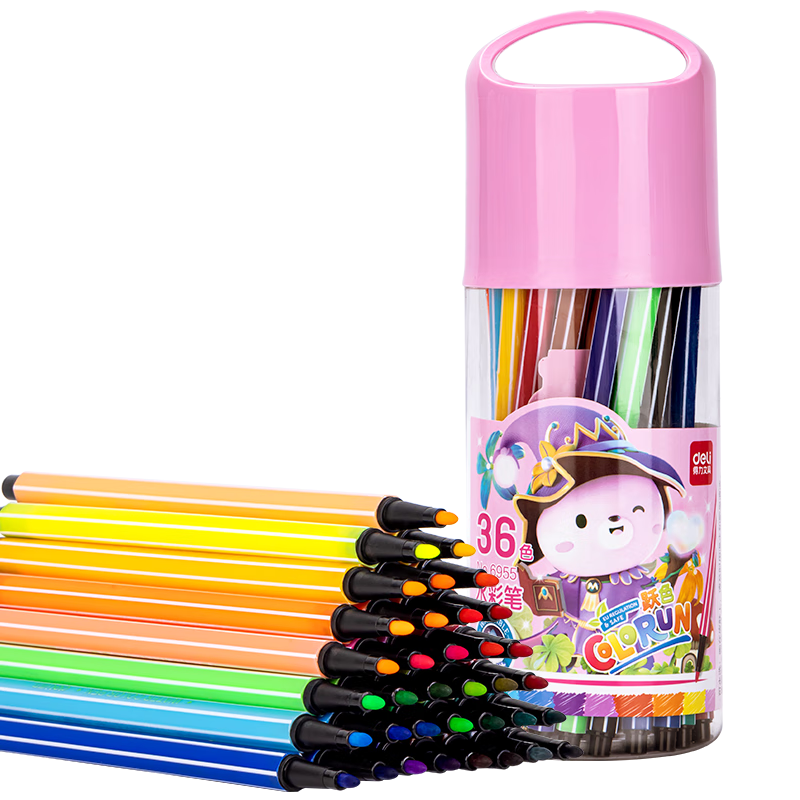 Deli 36-Color Washable Watercolor Markers (Pink), Hexagonal Barrel, Children's Drawing Colored Pencils, Art Portable Storage Tube, 6955 Watercolor Markers, Graduation Gift for Boys And Girls