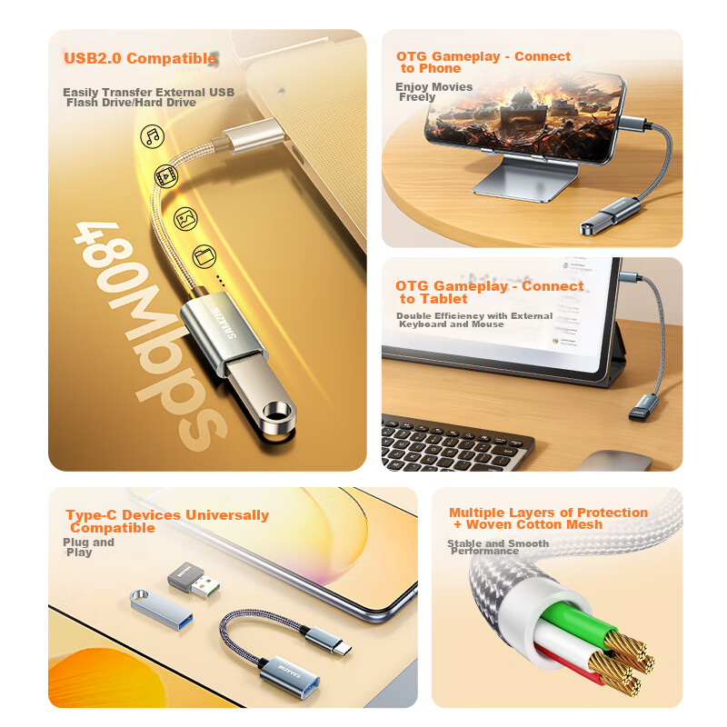 Переходник SAMZHE Type-C на USB OTG CAL21-1, для подключения накопителей, клавиатур и мышей к смартфонам, планшетам и ноутбукам
