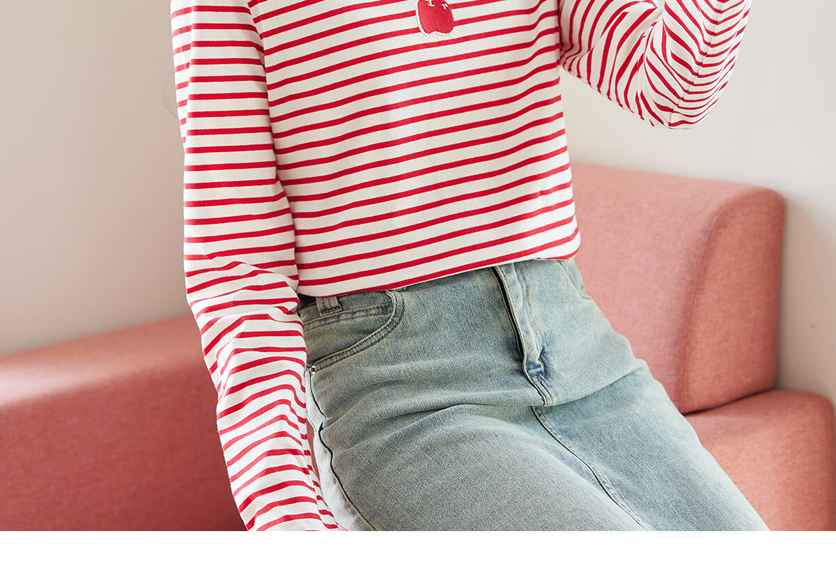 Halo Queen Long-Sleeve T-Shirt for Women, Spring And Autumn Round Neck, Heart Embroidery Striped Base Shirt, Casual Fashion Top, New Product H143T2005 32
