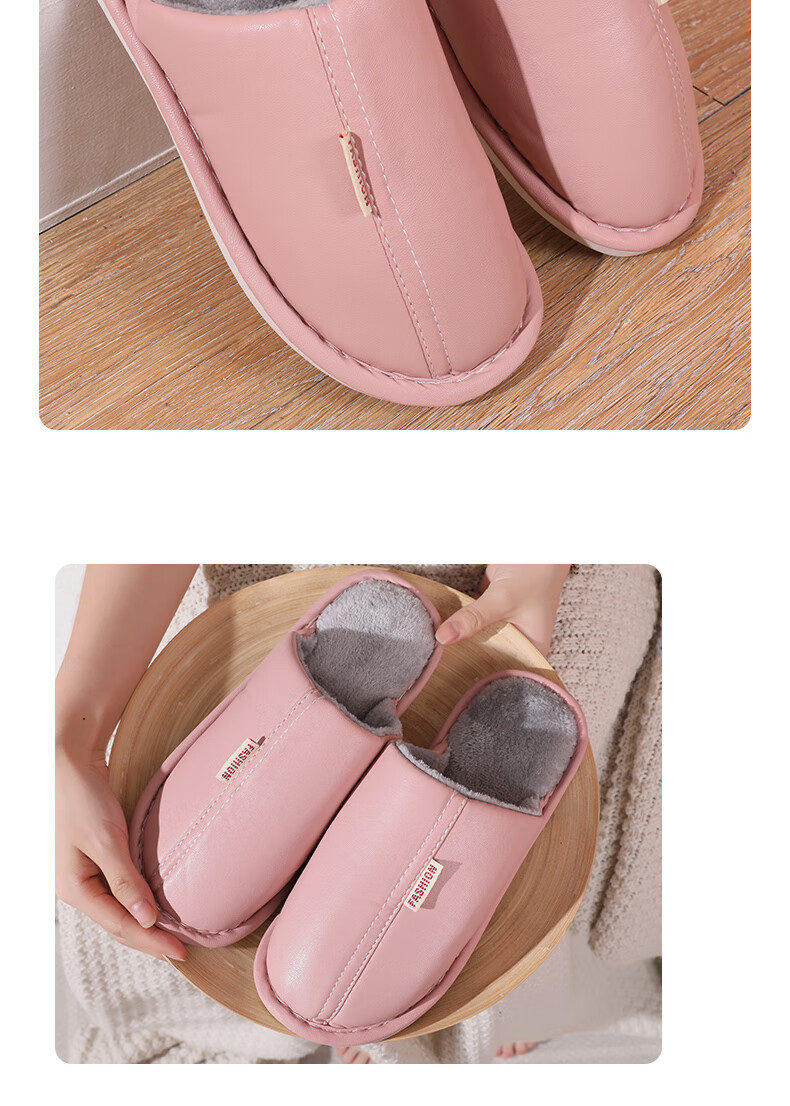 FOOTOPPO PU Leather Slippers for Men, Cotton Slippers for Winter, Thick-Soled Non-Slip Warm Furry Slippers, Soft-Soled Men's Home Shoes, Waterproof Cotton Slippers for Wome 9