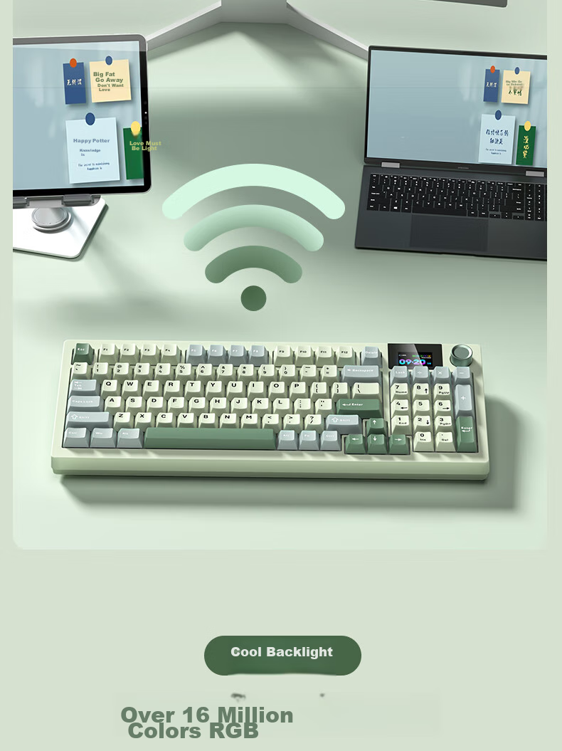 Langtu LT95 Mechanical Keyboard, Wired/wireless/Bluetooth Triple-Mode, 95-Key Gaming And Office Computer Keyboard with LCD Color Screen, RGB Lighting Effects, Green Micro Macaron Switches 17