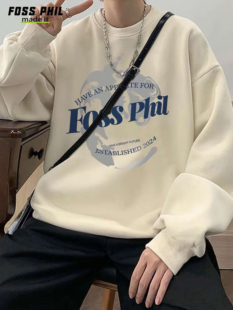 Foss Phil Men's Sweatshirt, Spring And Autumn Fashion Brand, Round Neck Printed Oversized Casual Long-Sleeve Undershirt, FPW1 Black L 12